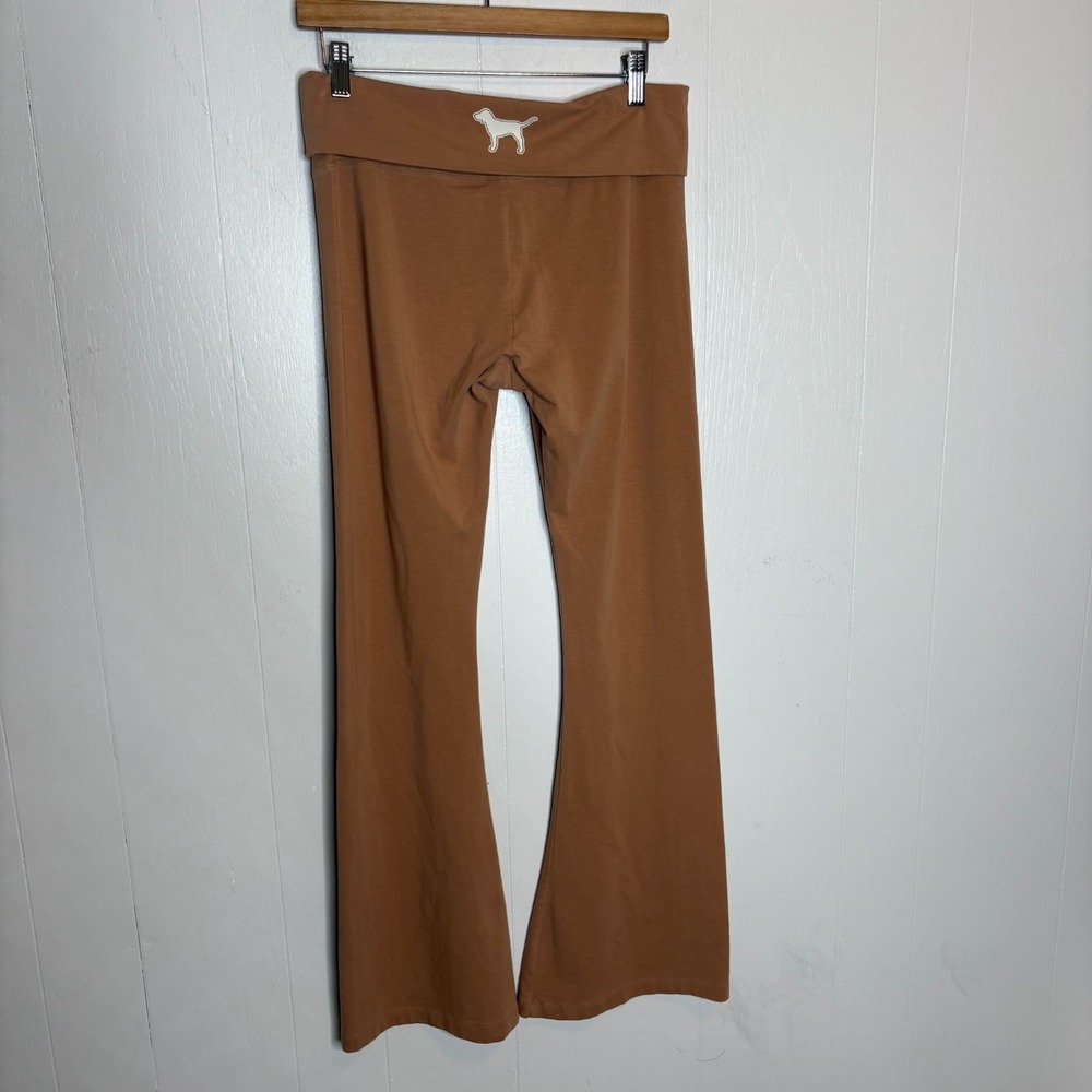 Y2K Victoria's Secret Pink Foldover Yoga Pant M Brown Flare Dog Logo Gym Workout